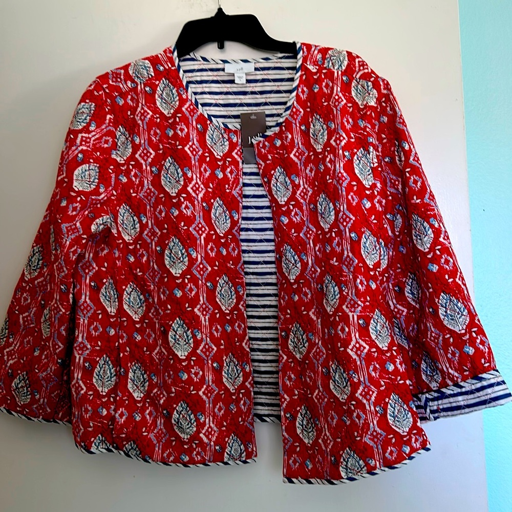 JJILL light weight quilt jacket open front, pockets and 3/4 sleeve
